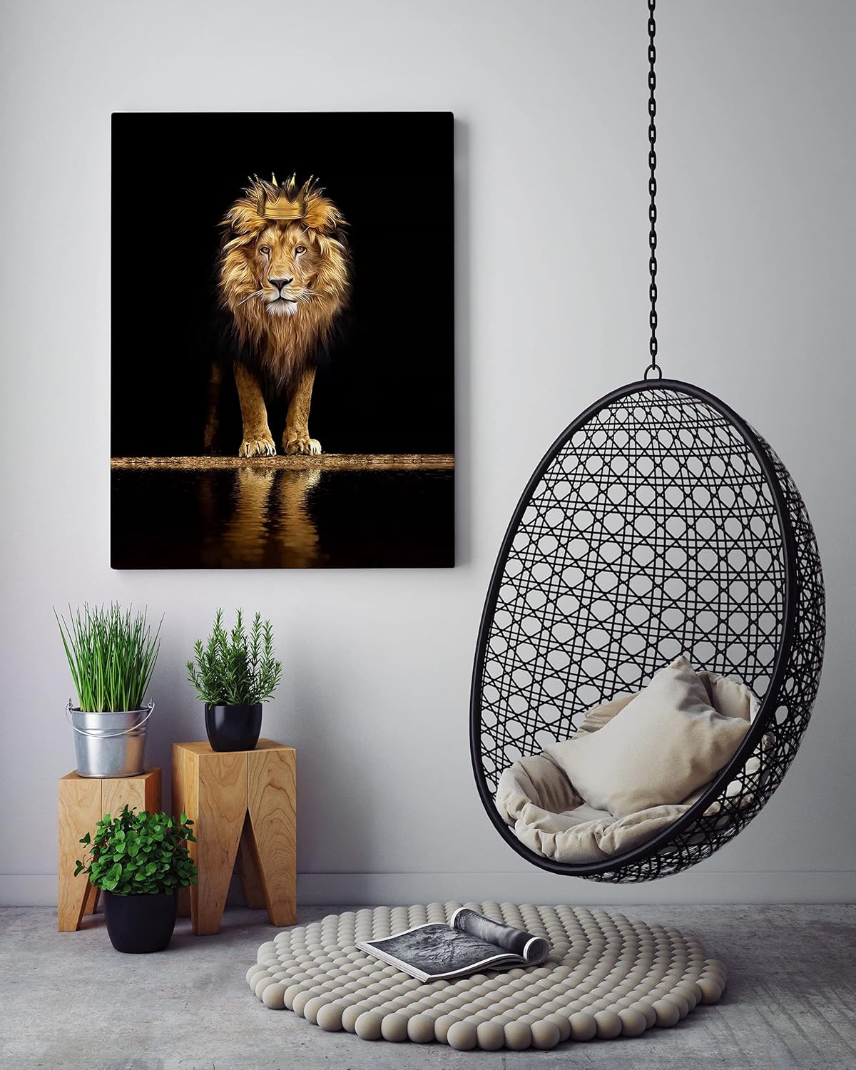 Tribute to Art Lion Canvas Print Wall Art,A with a Crown Noble and Confident,Black Golden Animal for Living Room Office Decor Home Decoration Framed Ready Hang,Bedroom Men (Lion King, 16Inchx12Inch)