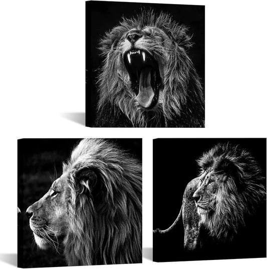 - 3 Panels Lion King Black and White Canvas Prints Wall Art Modern Painting Wall Pictures for Living Room Office Decoration Ready to Hang (16X16Inchx3Pcs/Set)