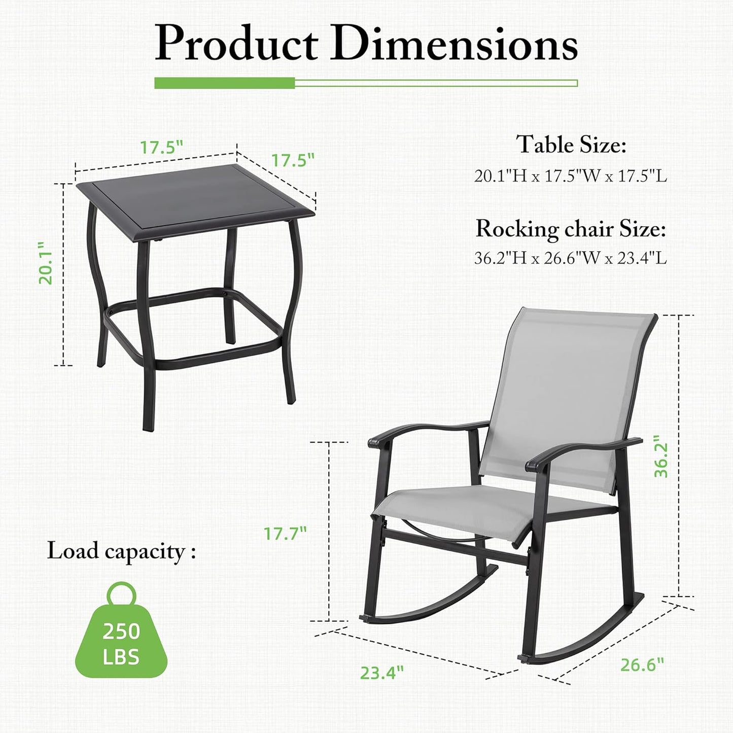 3 Piece Rocking Bistro Set, Outdoor Furniture with Rocker Chairs and Glass Coffee Table Set of 3, Balcony, Porch Furniture for Small Space, Light Gray