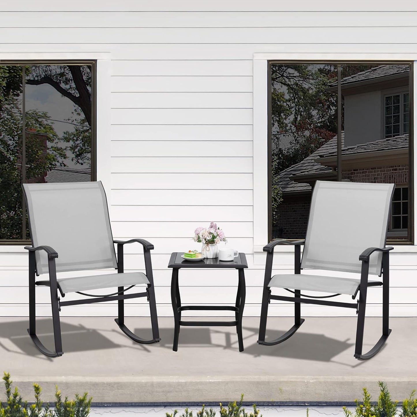 3 Piece Rocking Bistro Set, Outdoor Furniture with Rocker Chairs and Glass Coffee Table Set of 3, Balcony, Porch Furniture for Small Space, Light Gray