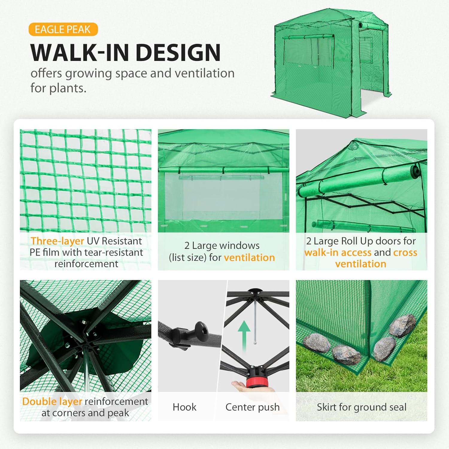 8' x 6' Portable Walk-In Greenhouse with Zippered Doors and Windows, PE Cover, Ideal for Indoor and Outdoor Gardening