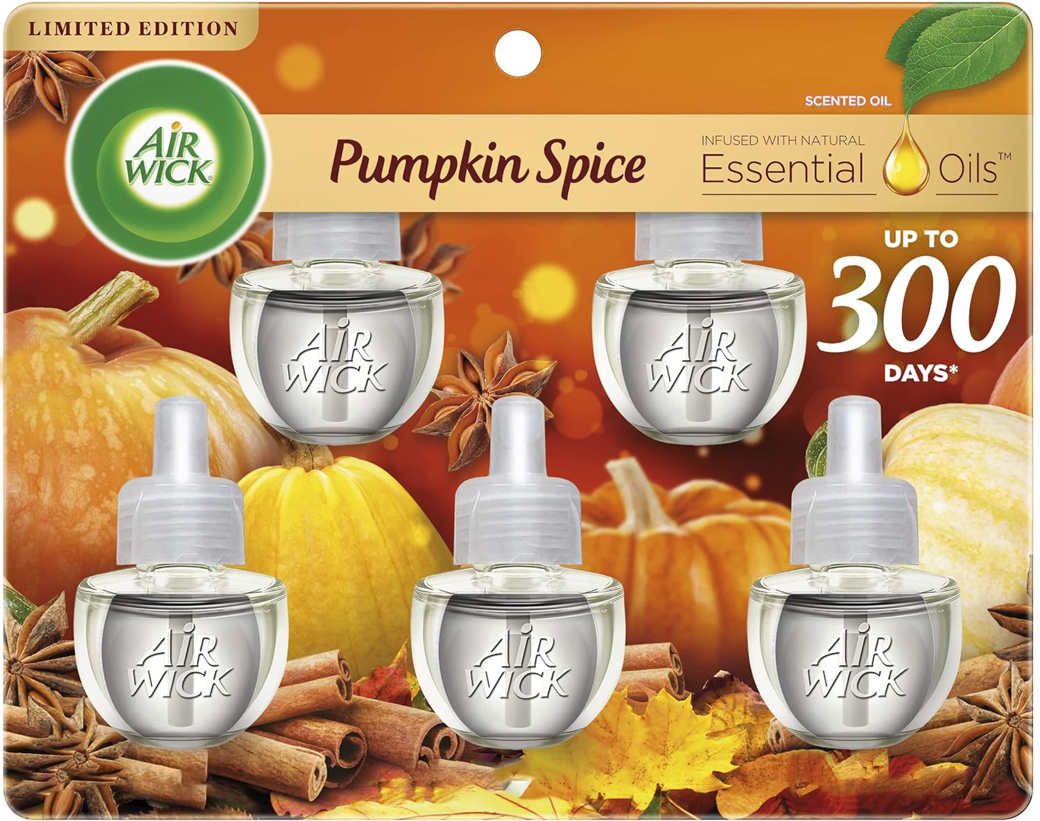 Plug in Scented Oil Refill, 5 Ct, Pumpkin Spice, Air Freshener, Essential Oils, Fall Scent, Fall Decor