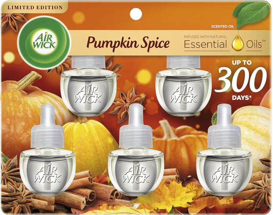 Plug in Scented Oil Refill, 5 Ct, Pumpkin Spice, Air Freshener, Essential Oils, Fall Scent, Fall Decor