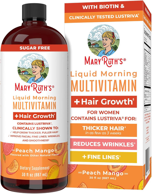 Maryruth'S Liquid Multivitamin + Lustriva® Hair Growth | Biotin 10000Mcg | Vitamin D | B Vitamins | Clinically Tested for Thicker Hair, Wrinkles, Fine Lines, Skin Care | Ages 18+ | 30 Fl Oz