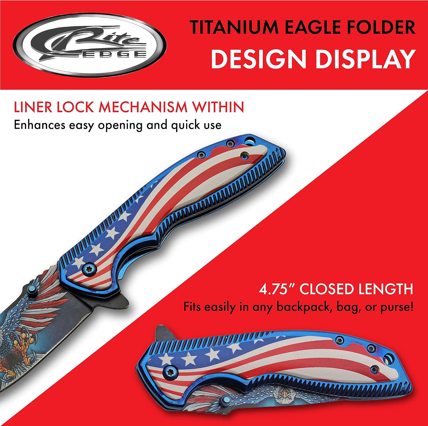 SZCO 8.25” American Eagle Titanium Finished Handled EDC Folding Knife with Pocket Clip, Red, White & Blue (300583)