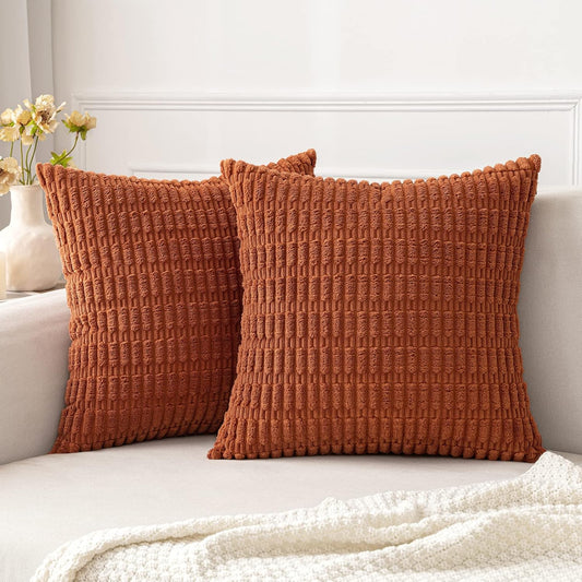 Pack of 2 Corduroy Decorative Throw Pillow Covers 18X18 Inch Soft Boho Striped Fall Pillow Covers Modern Farmhouse Home Decor for Sofa Living Room Couch Bed Rust