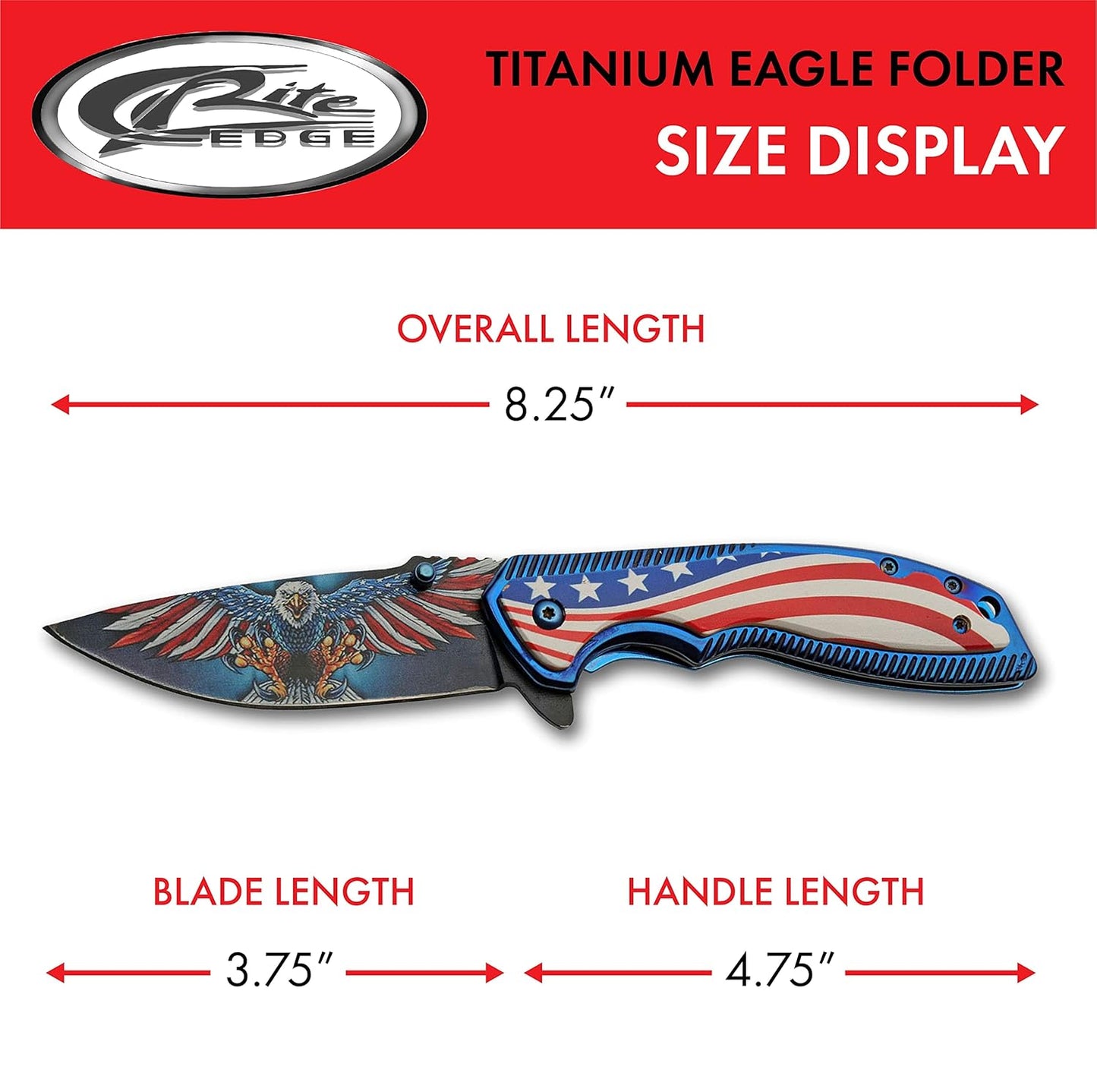 SZCO 8.25” American Eagle Titanium Finished Handled EDC Folding Knife with Pocket Clip, Red, White & Blue (300583)