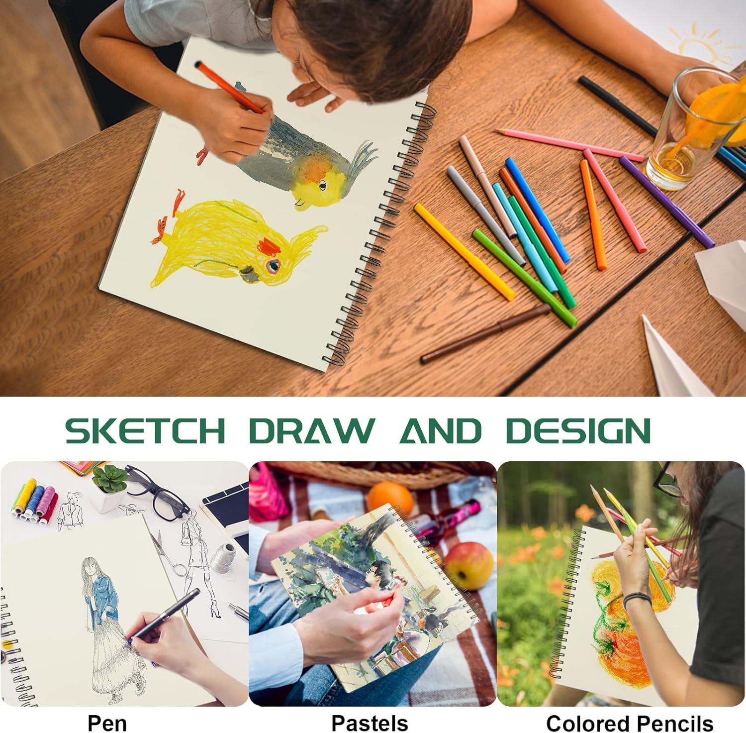 Sketch Book 5.5 X 8.5 - Spiral Sketchbook Pack of 2,  200 Sheets (68 Lb/100Gsm) Acid Free Sketch Pads for Drawing for Adults Spiral-Bound with Hard Cover for Kids, 100 Sheets Each