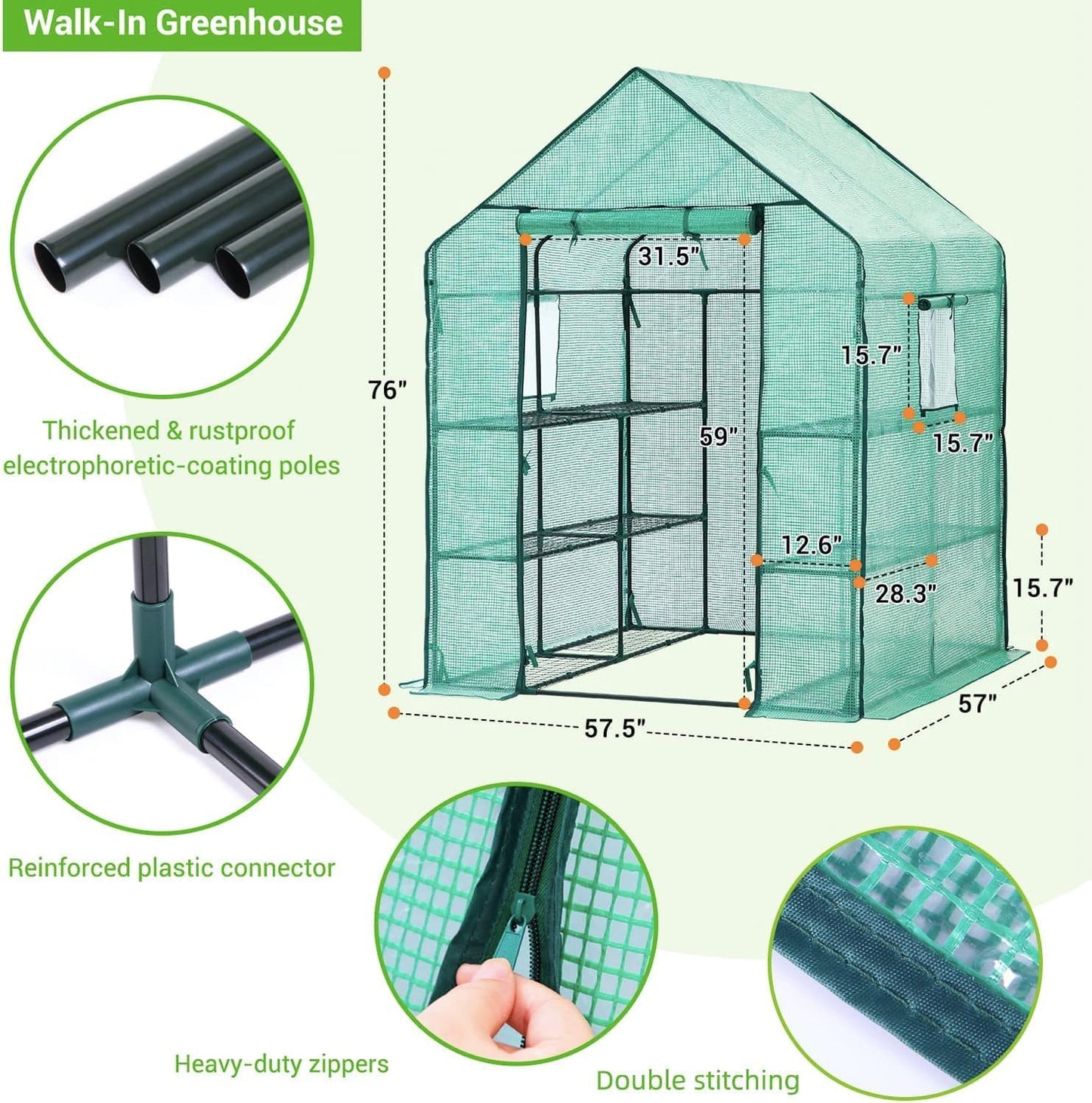 Greenhouse for Outdoors with Screen Windows, 57 X 57 X 76'' Walk in Plant Greenhouses Heavy Duty with Durable PE Cover, 3 Tiers 12 Shelves Stands Plastic Portable Green House with Shelf Clips