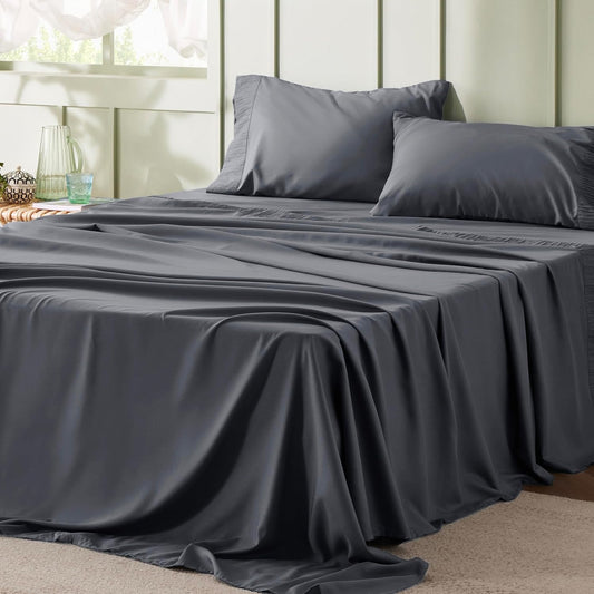Queen Sheets Grey - Soft Sheets for Queen Size Bed, 4 Pieces Hotel Luxury Queen Sheet Set, Easy Care Polyester Microfiber Cooling Bed Sheet Set