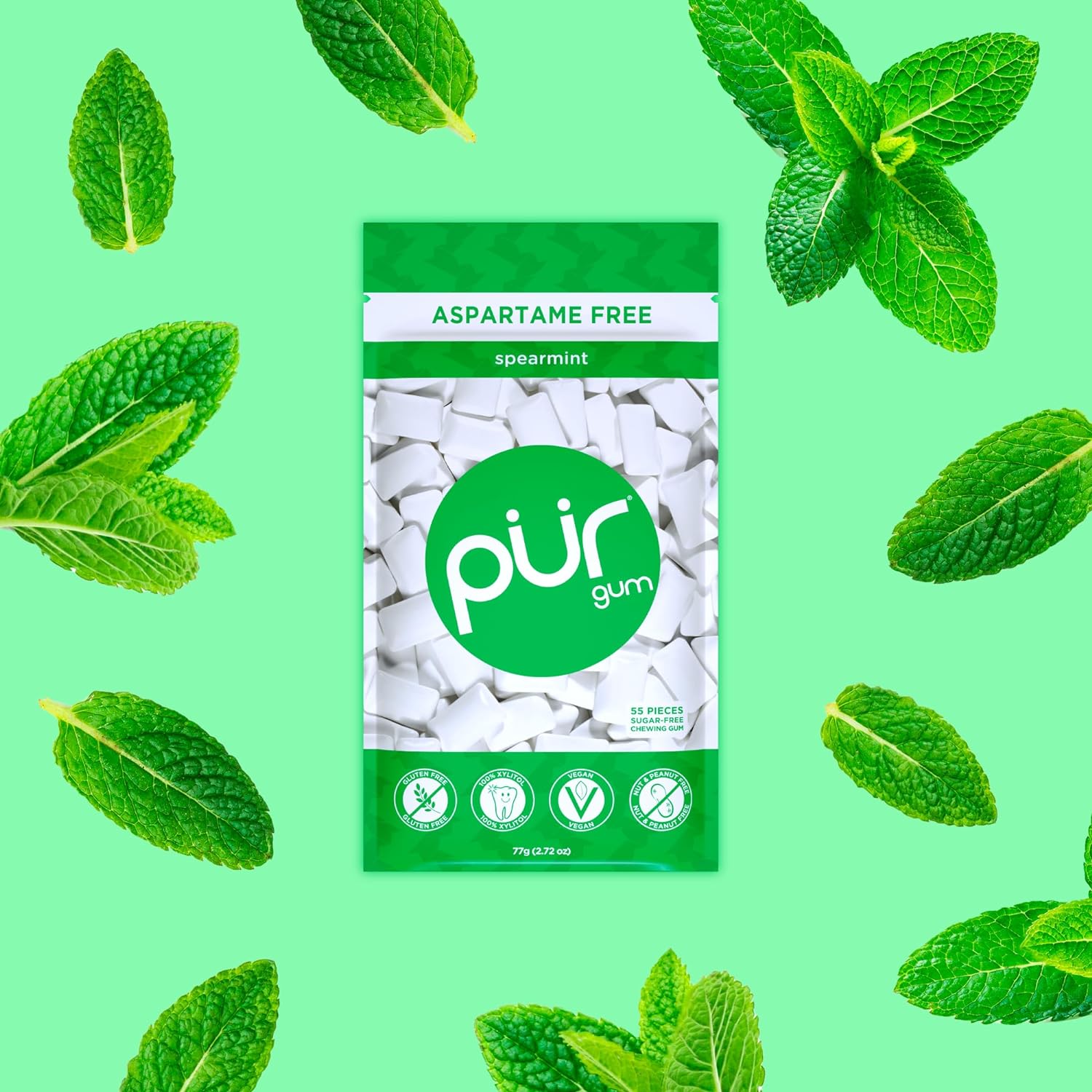 Gum | Aspartame Free Chewing Gum | 100% Xylitol | Natural Spearmint Flavored Gum, 55 Pieces (Pack of 3)