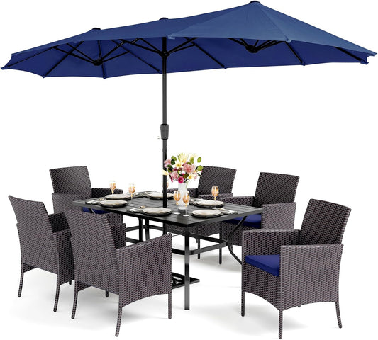 7 Piece Outdoor Dining Set with Umbrella, 60” Rectangular Metal Dining Table & 6 Cushioned Rattan Wicker Chairs & 13Ft Large Blue Umbrella for Patio, Deck, Yard, Porch