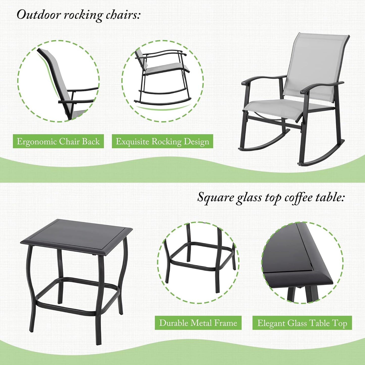 3 Piece Rocking Bistro Set, Outdoor Furniture with Rocker Chairs and Glass Coffee Table Set of 3, Balcony, Porch Furniture for Small Space, Light Gray