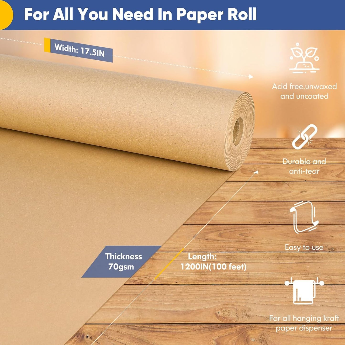 Brown Wrapping Paper, Craft Paper, Kraft Paper 17.5"X 1200"(100'), Gift Wrapping Bulletin Board Arts & Crafts, Bouquet Flower Table Covering Poster Packing Shipping Moving Supplies 70GSM 50LB