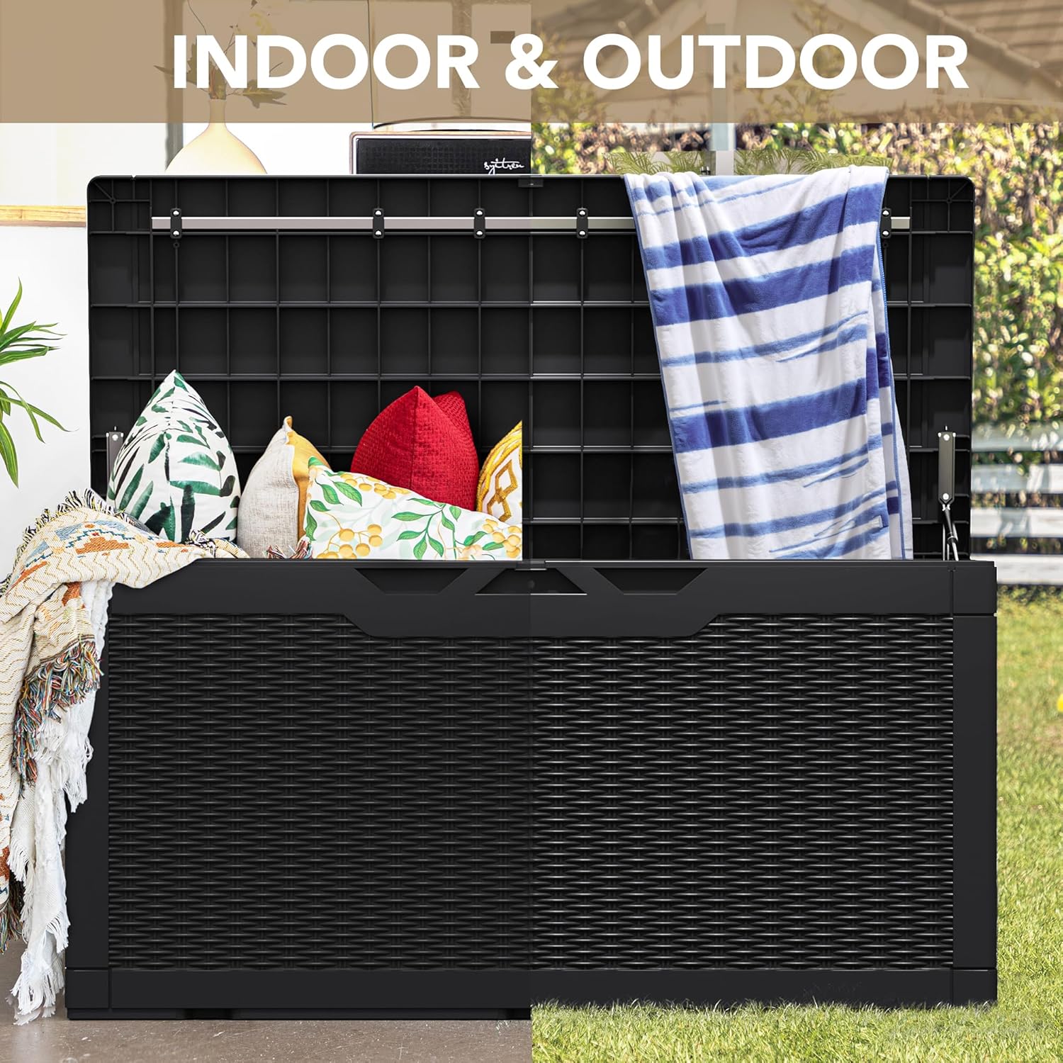 100 Gallon Waterproof Large Resin Deck Box Indoor Outdoor Lockable Storage Container for Patio Furniture Cushions Garden Tools (100 Gallon, Black)