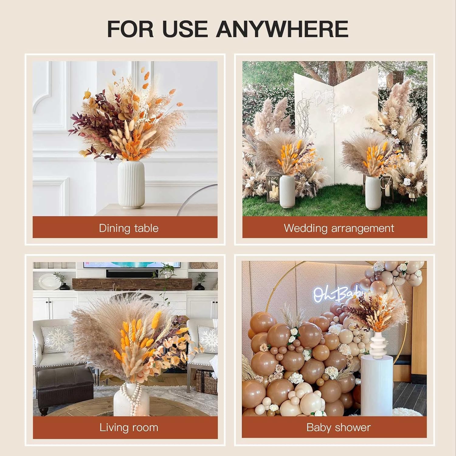 Fall Decor Autumn Decorations for Home Thanksgiving Table Boho Flowers Orange Pampas Grass Fluffy Dried Flower Bouquet Dry Pompas 17"-95-Pcs Pompous (Orange)