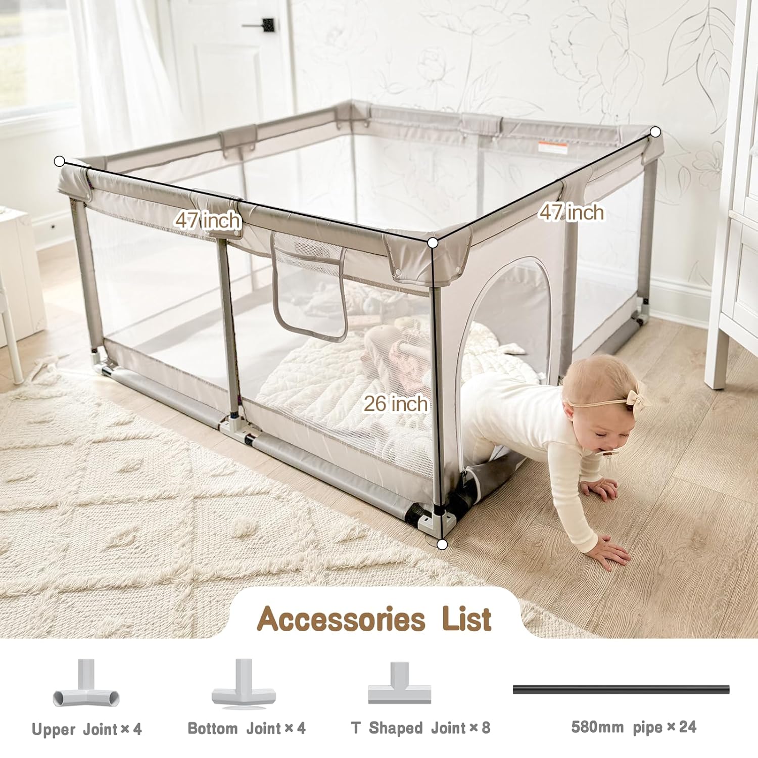 Baby Playpen for Babies and Toddlers | 47" x 47" Grey Play Pen with Mat