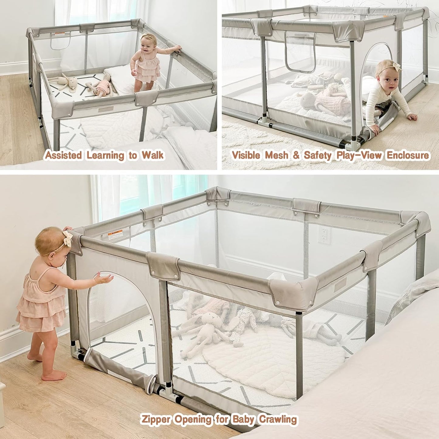 Baby Playpen for Babies and Toddlers | 47" x 47" Grey Play Pen with Mat