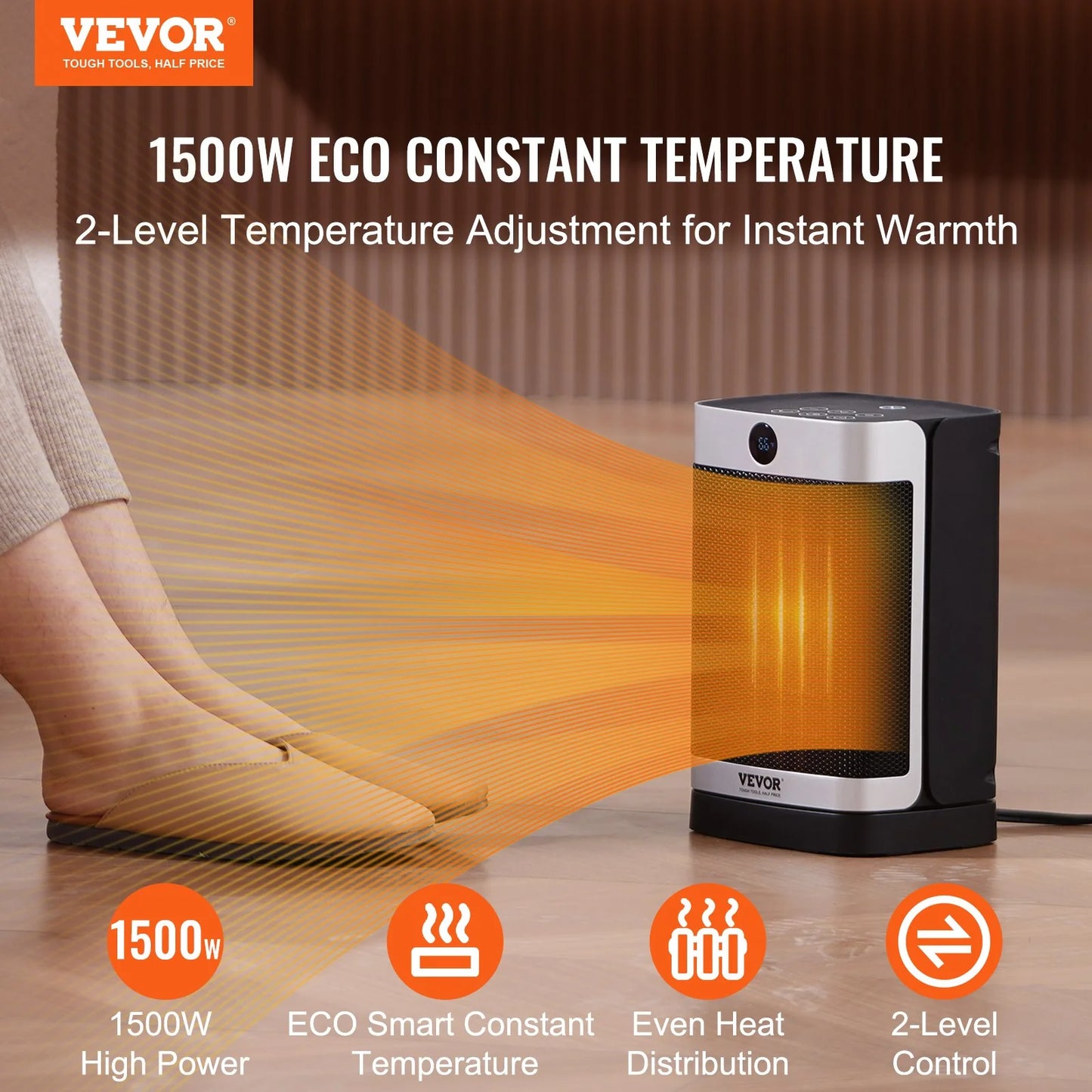 VEVOR Electric Space Heater with Thermostat Remote Control, 2-Level Adjustable Quiet Ceramic Heater Fan, 10 in Tip-Over Shutdown Overheat Protection Small Heaters for Office Room Desk Indoor Use