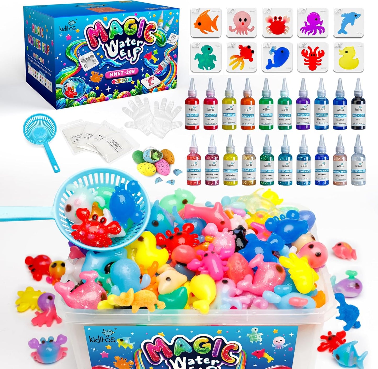 Magic Water Elf Toy Kit, Aqua Fairy Water Gel Kit with 20 Magic Gels, 10 Sea Creature Molds. Christmas Gifts, Birthday Gifts, Party Favors, Arts & Crafts DIY STEM Kits for Kids(20 Colors)