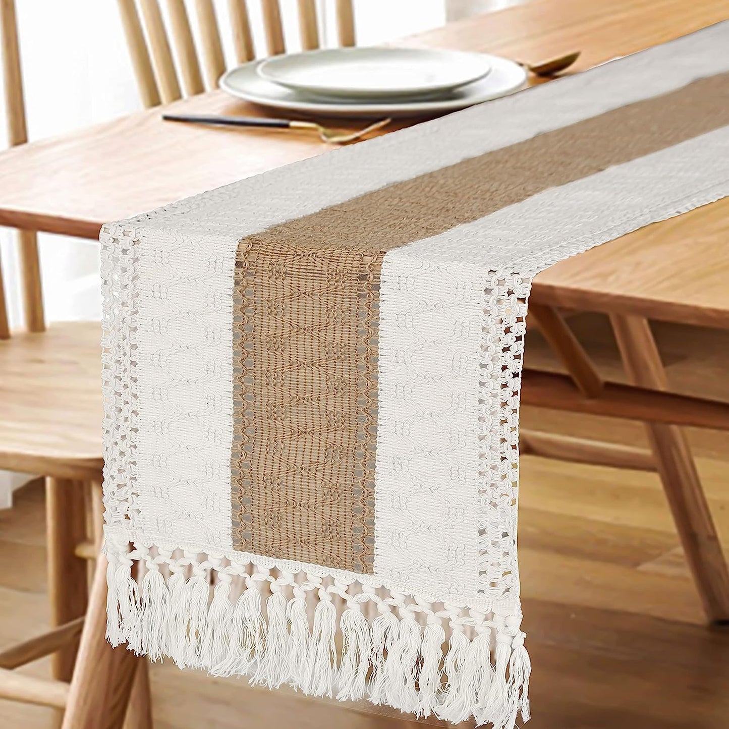 Thanksgiving Table Runner for Home Decor with Tassels 72 Inches Long Farmhouse Rustic Boho Table Runner Macrame Burlap Fall Table Decoration for Living Room Bridal Shower(12X72 Inches)