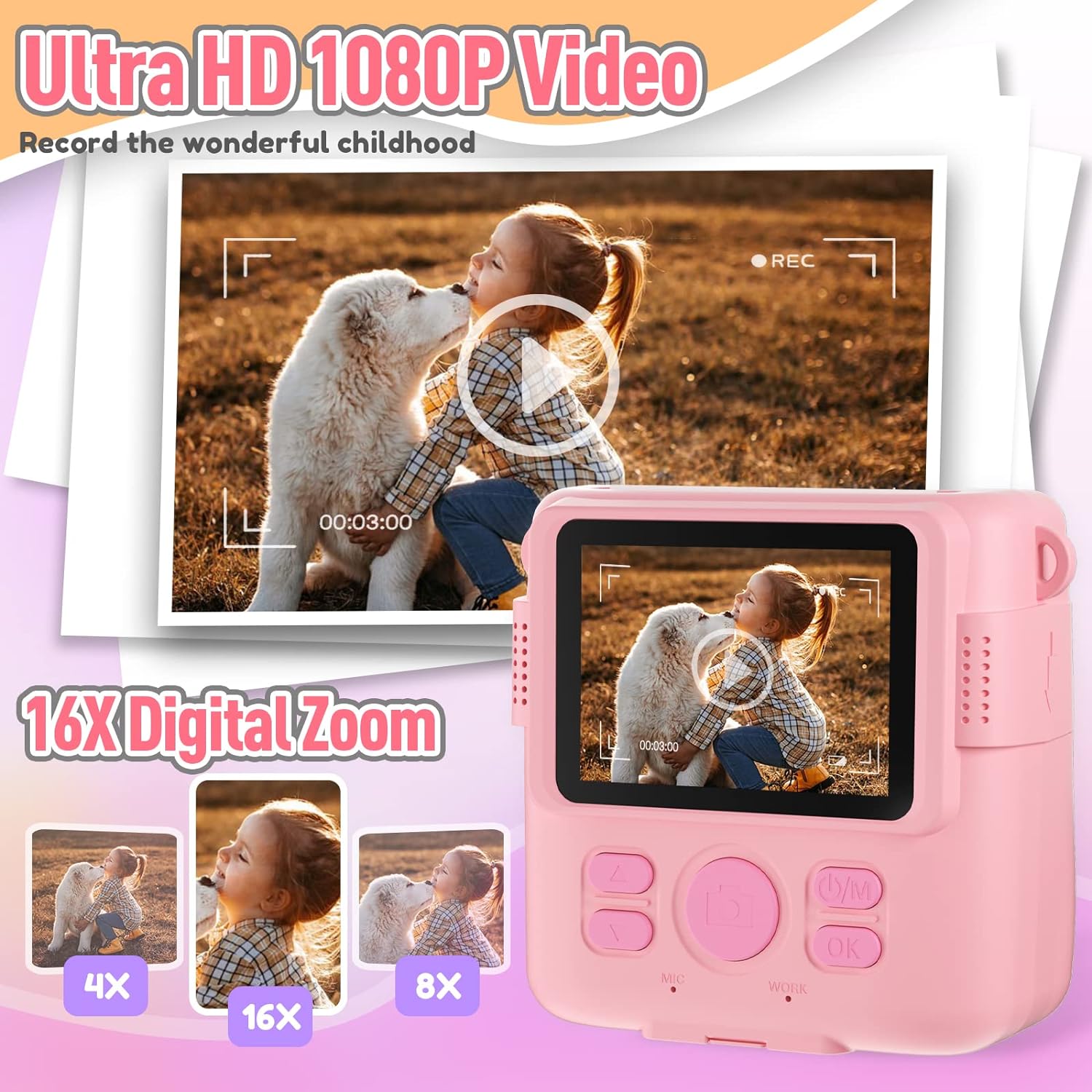 Instant Print Camera for Kids, Christmas Birthday Gifts Girls Boys Age 3-12, HD Digital Video Cameras Toddler, Portable Toy 3 4 5 6 7 8 9 10 Year Old Girl with 32GB SD Card-Pink