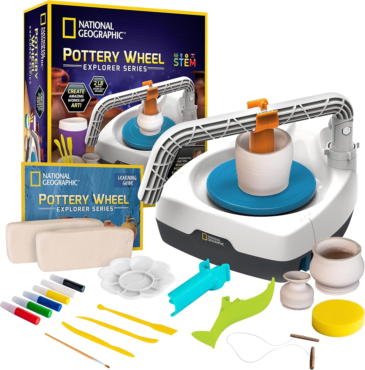 NATIONAL GEOGRAPHIC Pottery Wheel for Kids – Complete Pottery Kit for Beginners, Plug-In Motor, 2 Lbs. Air Dry Clay, Sculpting Clay Tools, Apron & More, Patented Design, Craft Kit (Amazon Exclusive)