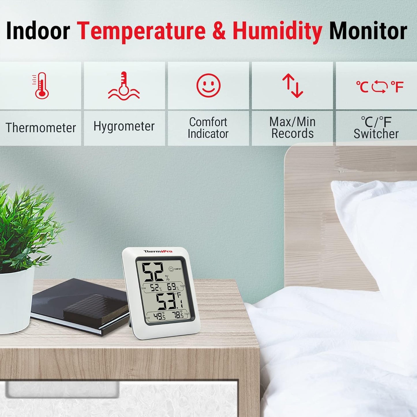 TP50 Digital Hygrometer Indoor Thermometer Room Thermometer and Humidity Gauge with Temperature Monitor