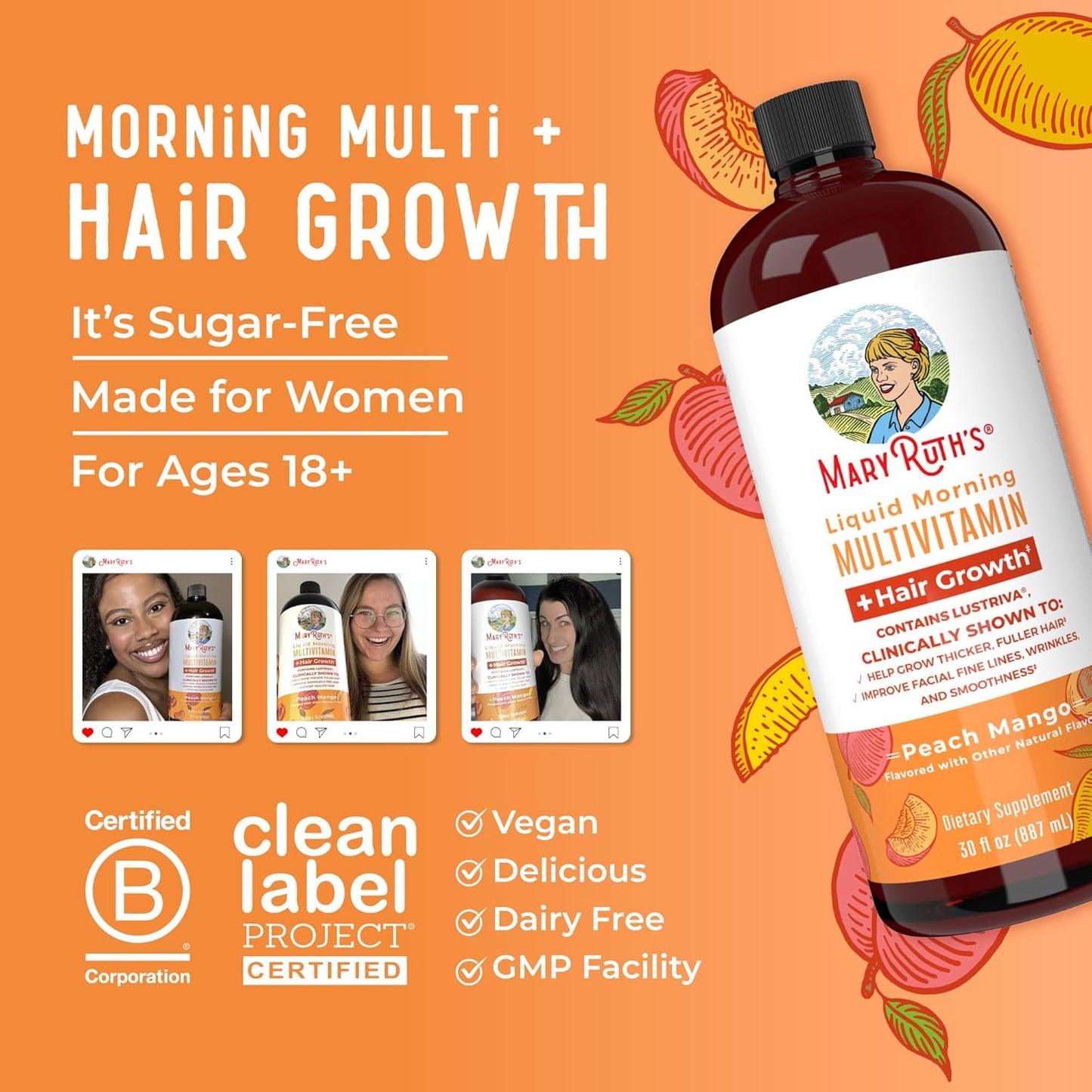 Maryruth'S Liquid Multivitamin + Lustriva® Hair Growth | Biotin 10000Mcg | Vitamin D | B Vitamins | Clinically Tested for Thicker Hair, Wrinkles, Fine Lines, Skin Care | Ages 18+ | 30 Fl Oz