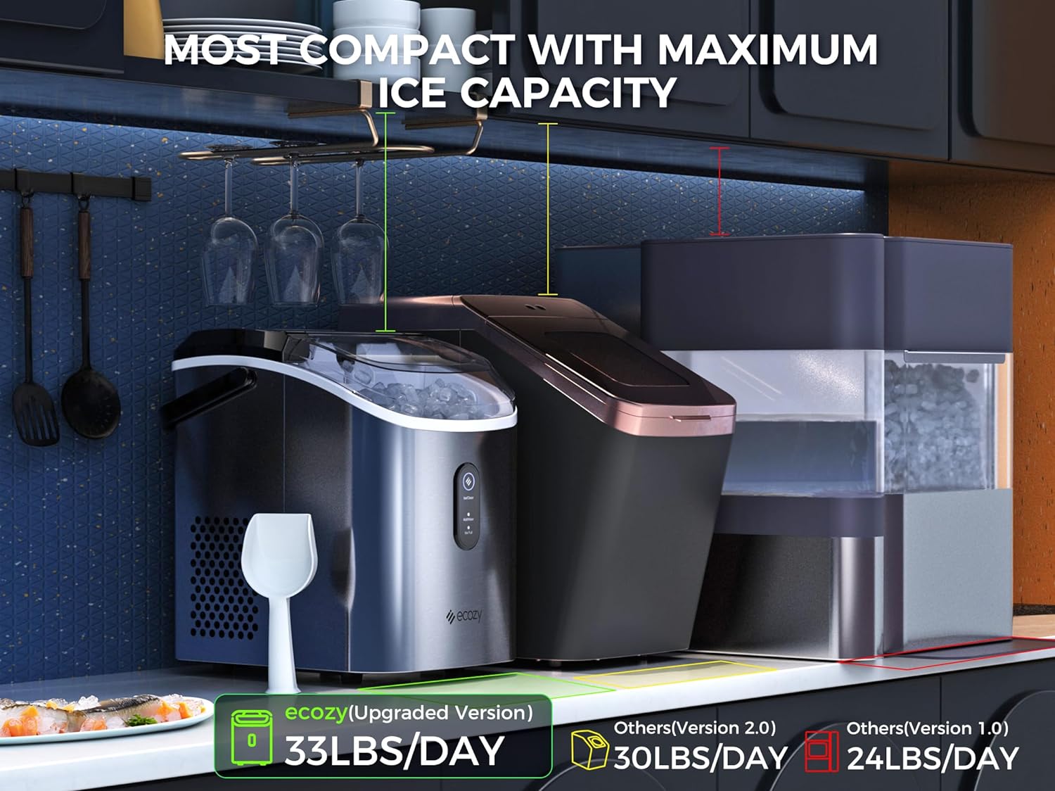 Nugget Ice Maker Countertop - Chewable Pellet Ice Cubes, 33 Lbs Daily Output, Stainless Steel Housing, Self-Cleaning Ice Machine with Ice Bags for Parties, Kitchen, Bar, Office, Silver