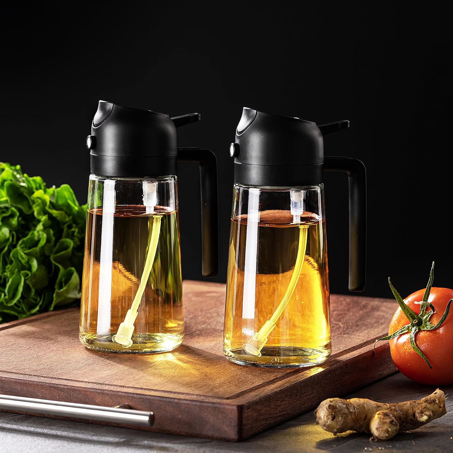 Oil Dispenser for Kitchen - 16Oz / 470Ml Olive Oil Bottle - 2 in 1 Olive Oil Dispenser & Oil Sprayer with Brush - Oil Sprayer for Cooking, Salad, Barbecue Black