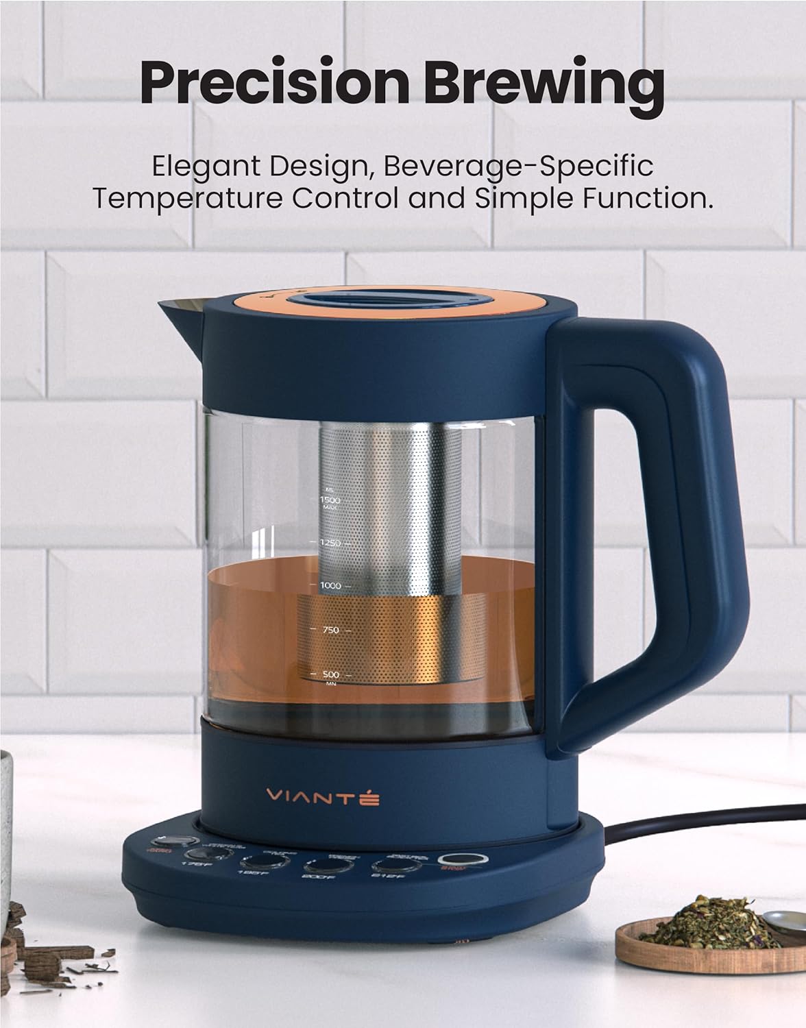 Electric Kettle with Tea Infuser for Loose Leaf Tea. Hot Tea Maker with Temperature Control and Automatic Shut Off. Tea Kettle with Brewing Programs. 1.5 Liters Capacity | Midnight Blue Color