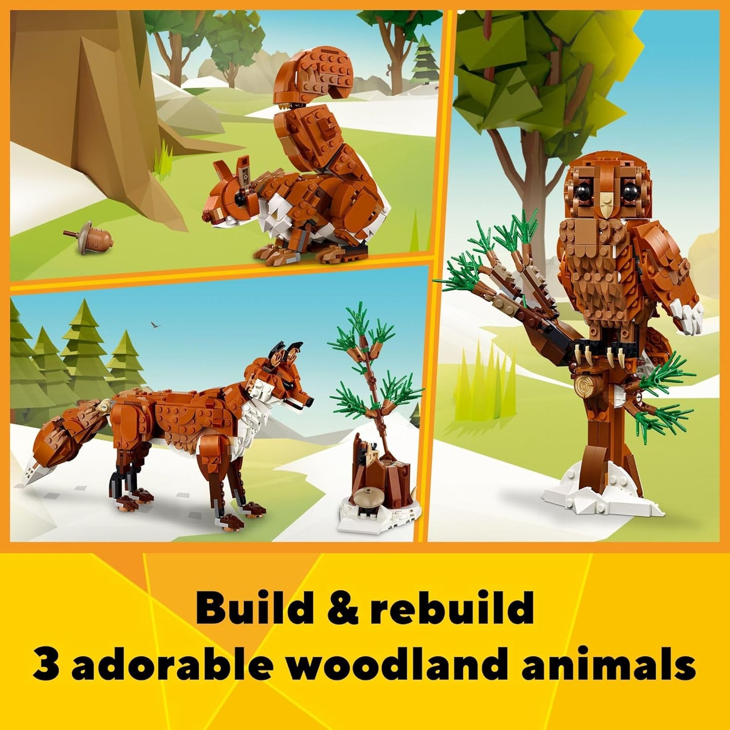 Creator 3 in 1 Forest Animals: Red Fox Toy, Transforms to Owl Toy Figure or to Squirrel Toy, Woodland Figures Set, Play and Display Gift Idea for Boys and Girls Ages 9 Years Old and Up, 31154