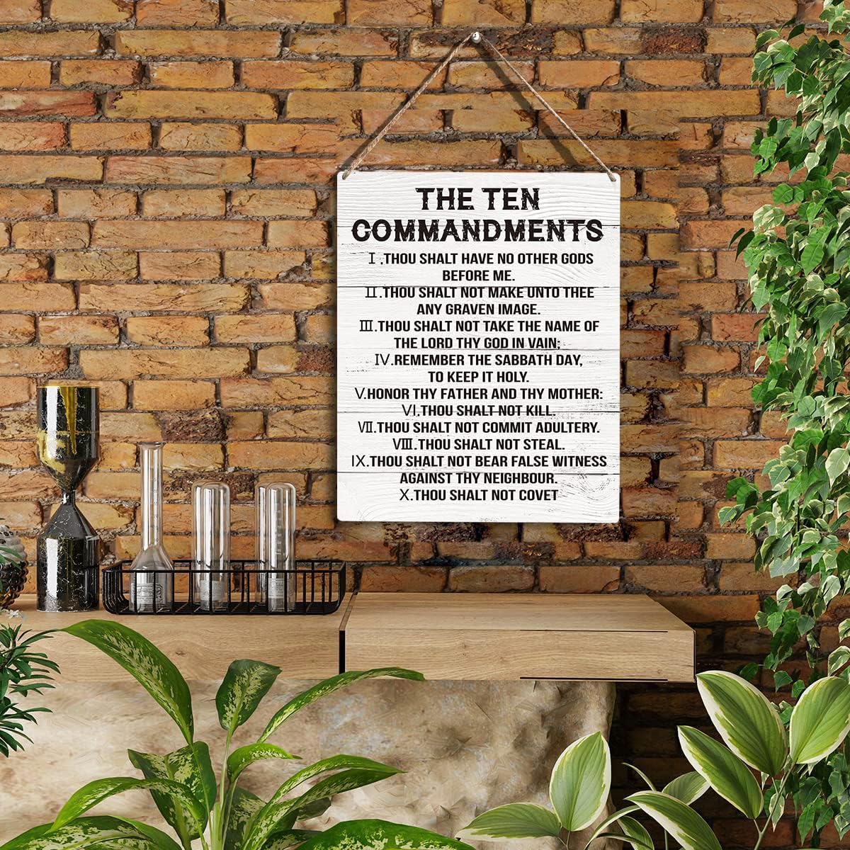 Inspirational Ten Commandments Wall Art - Rustic Wooden Decor with Christian Bible Verses for Living Spaces (10x8 inches)