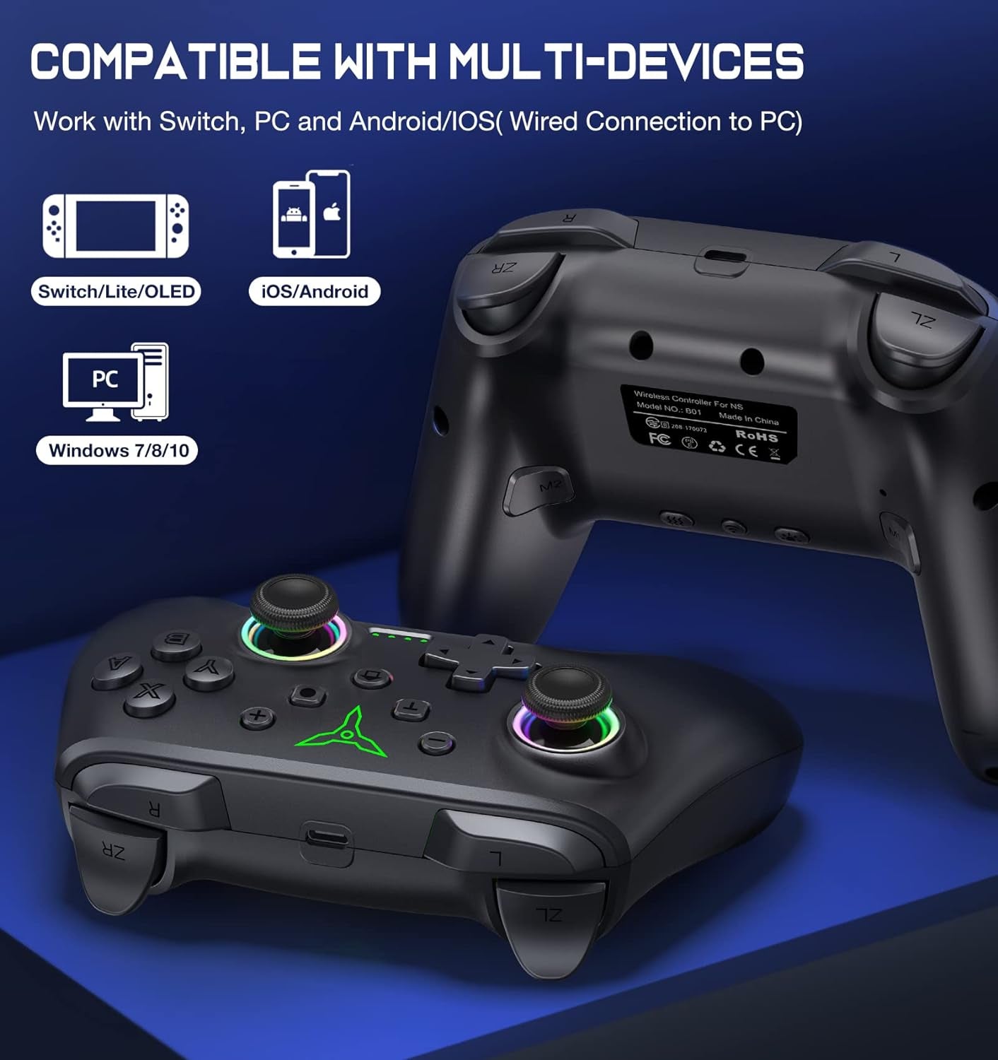 Switch Controller, Wireless Switch Controller Compatible with Switch Controller/Switch Lite/Oled, Wireless Switch Controllers Work with Ios/Android/Pc with RGB Light, Programmable, TURBO & Wakeup