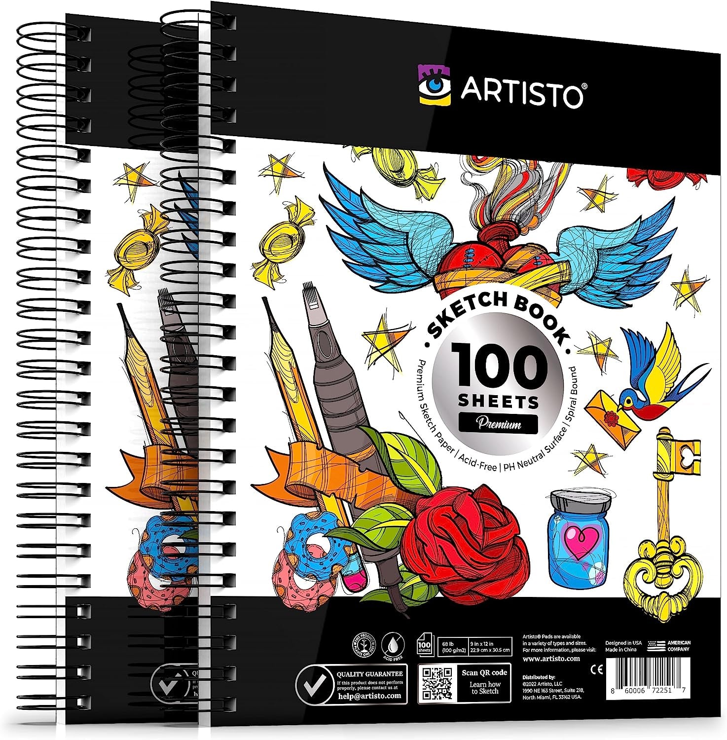 9X12 Premium Sketch Book Set, Spiral Bound, Pack of 2, 200 Sheets (100G/M2), Acid-Free Drawing Paper, Ideal for Kids, Teens & Adults.