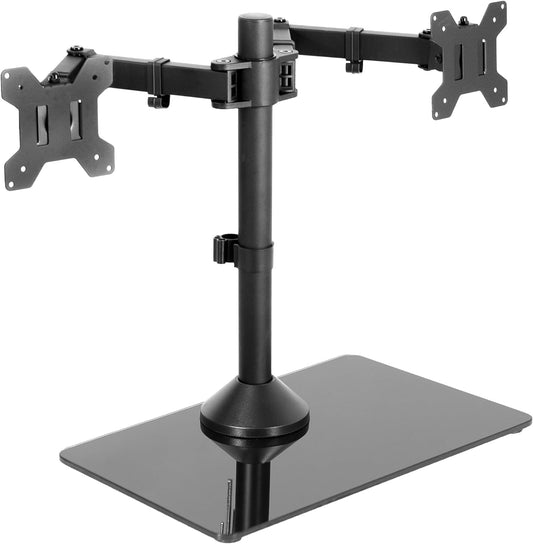 Freestanding Dual Monitor Stand with Sleek Glass Base and Adjustable Arms, Mounts 2 Screens up to 32 Inch and 22 Lbs Each, Black, STAND-V002FG