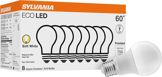 SYLVANIA ECO LED Light Bulb, A19 60W Equivalent, Efficient 9W, 7 Year, 750 Lumens, 2700K, Non-Dimmable, Frosted, Soft White - 8 Count (Pack of 1) (40821)