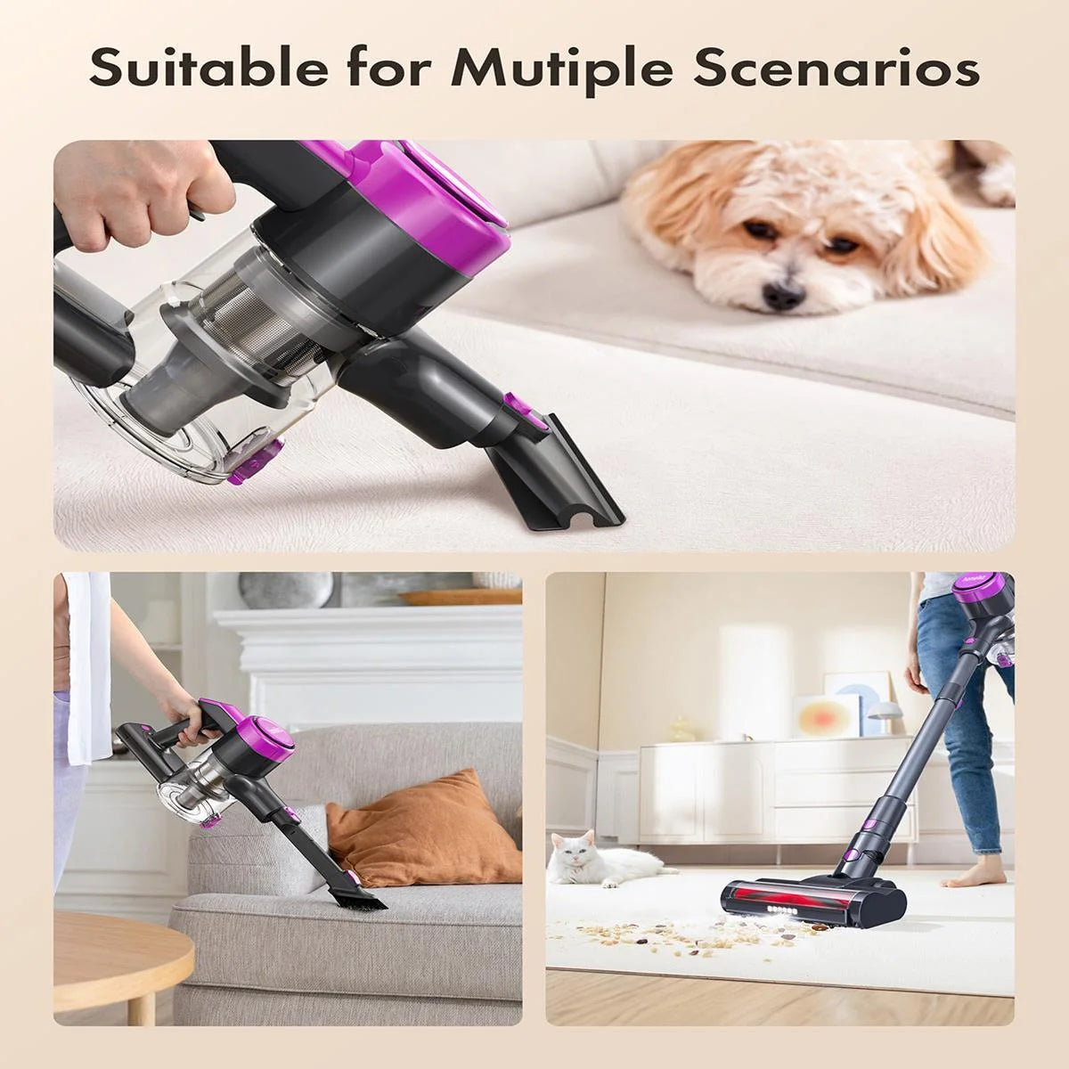 Cordless Vacuum Cleaner, 300W 23Kpa Powerful Suction Vacuum with LED Display, 3 Suction, 48Mins Runtime, Lightweight Stick Cleaner with Sofa Brush for Hard Floor/Carpet/Pet Hair/Car, Black