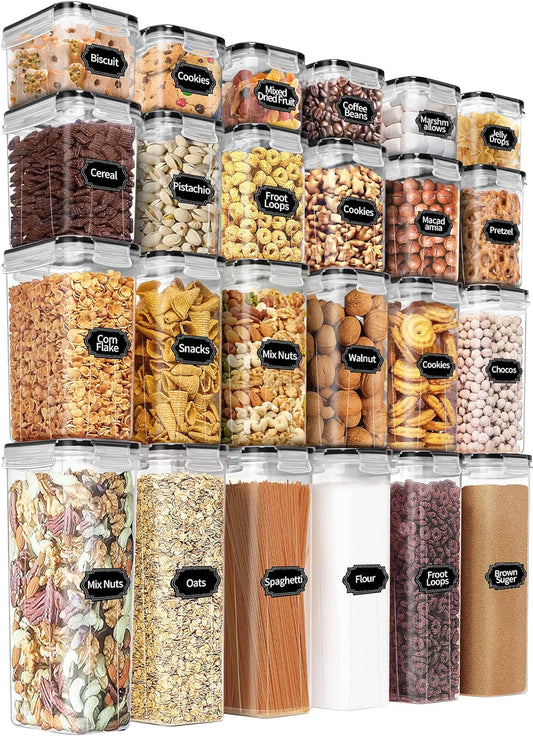 Airtight Food Storage Containers Set with Lids - 24 PCS, BPA Free Kitchen and Pantry Organization, Plastic Leak-Proof Canisters for Cereal Flour & Sugar - Labels & Marker