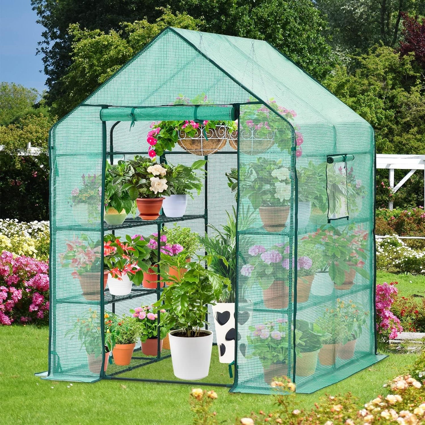 Greenhouse for Outdoors with Screen Windows, 57 X 57 X 76'' Walk in Plant Greenhouses Heavy Duty with Durable PE Cover, 3 Tiers 12 Shelves Stands Plastic Portable Green House with Shelf Clips