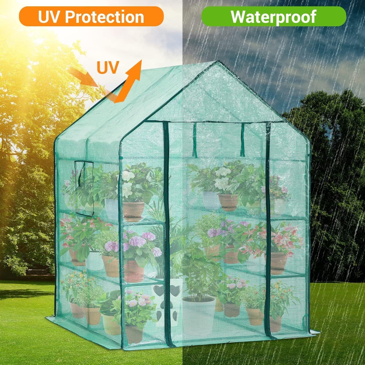 Greenhouse for Outdoors with Screen Windows, 57 X 57 X 76'' Walk in Plant Greenhouses Heavy Duty with Durable PE Cover, 3 Tiers 12 Shelves Stands Plastic Portable Green House with Shelf Clips