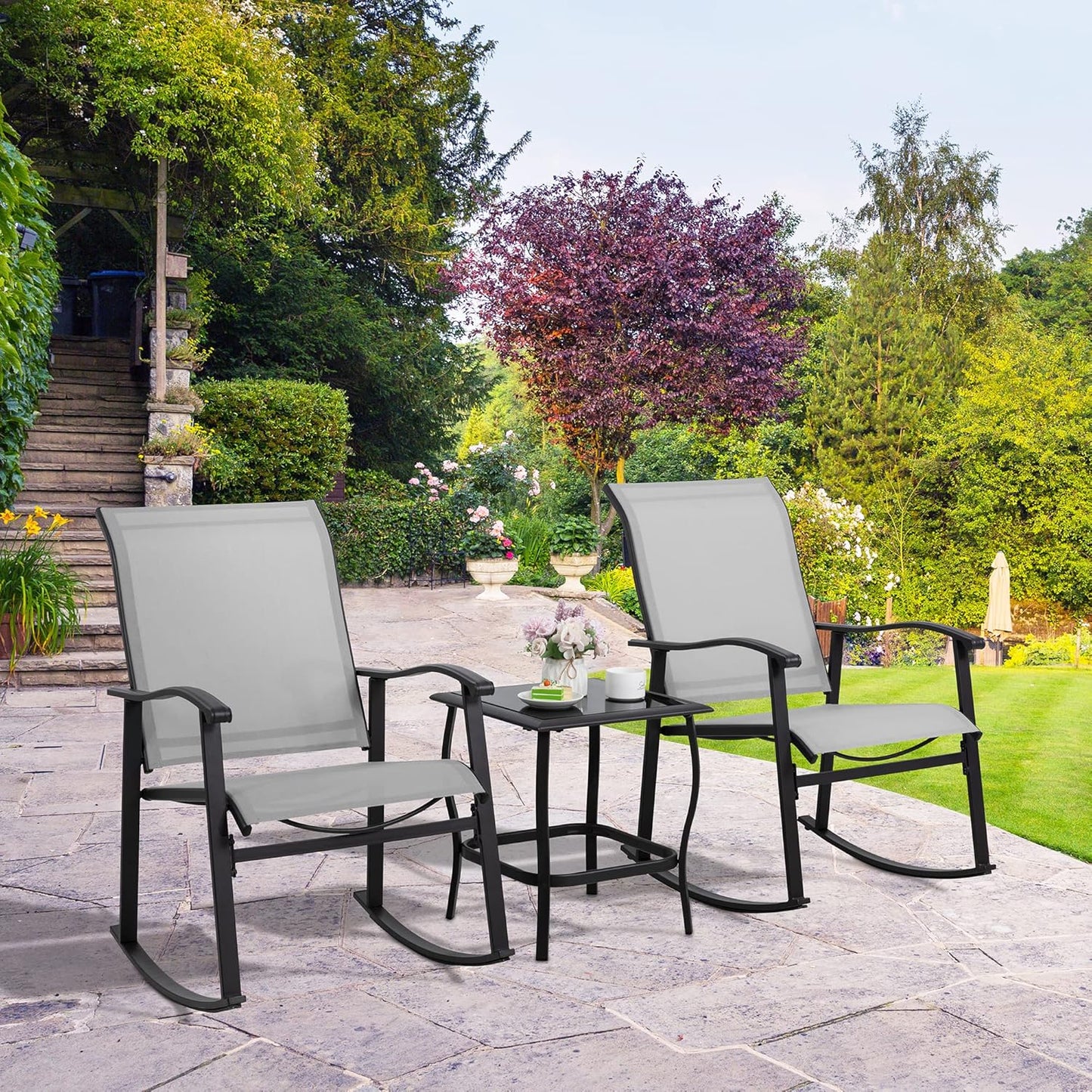 3 Piece Rocking Bistro Set, Outdoor Furniture with Rocker Chairs and Glass Coffee Table Set of 3, Balcony, Porch Furniture for Small Space, Light Gray