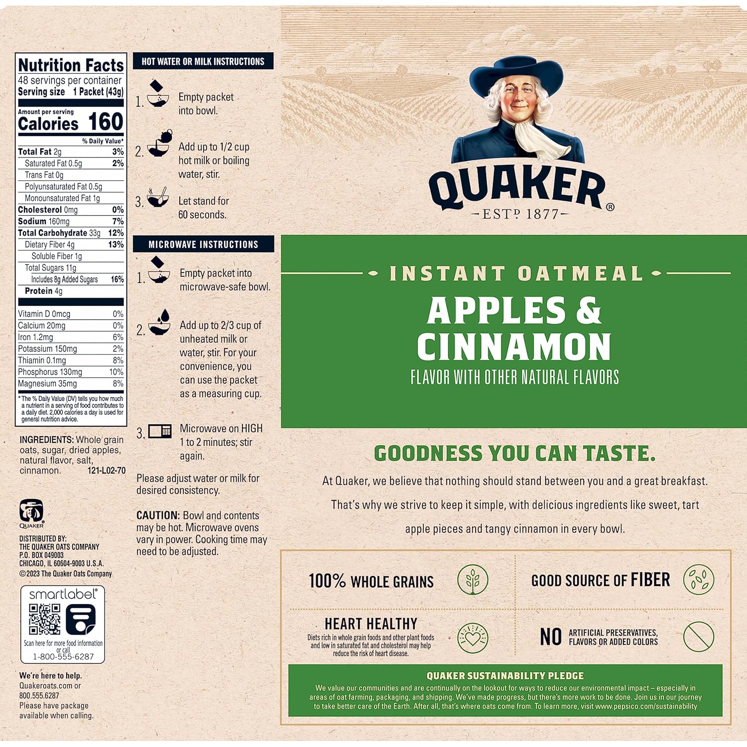 Instant Oatmeal, Apples and Cinnamon, Individual Packets (48 Count of 1.51 Oz Packets), 72.48 Oz