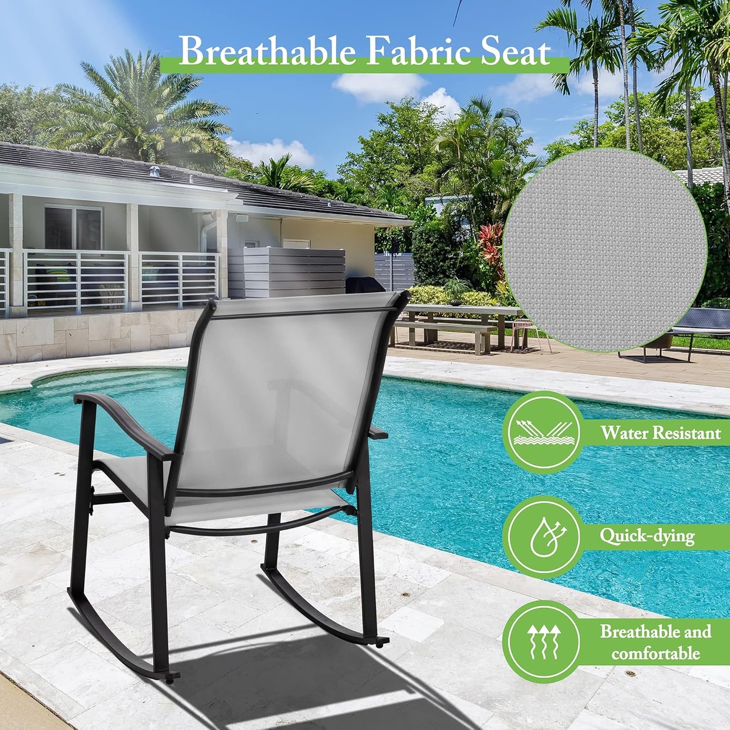 3 Piece Rocking Bistro Set, Outdoor Furniture with Rocker Chairs and Glass Coffee Table Set of 3, Balcony, Porch Furniture for Small Space, Light Gray