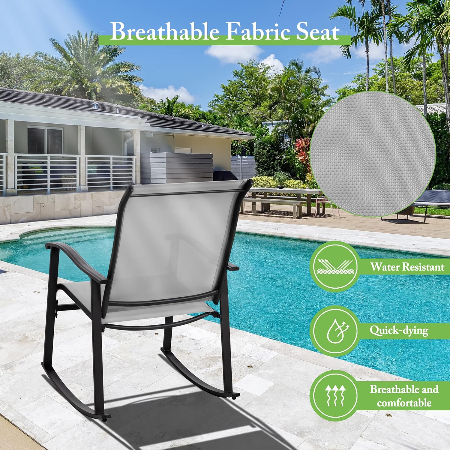 3 Piece Rocking Bistro Set, Outdoor Furniture with Rocker Chairs and Glass Coffee Table Set of 3, Balcony, Porch Furniture for Small Space, Light Gray