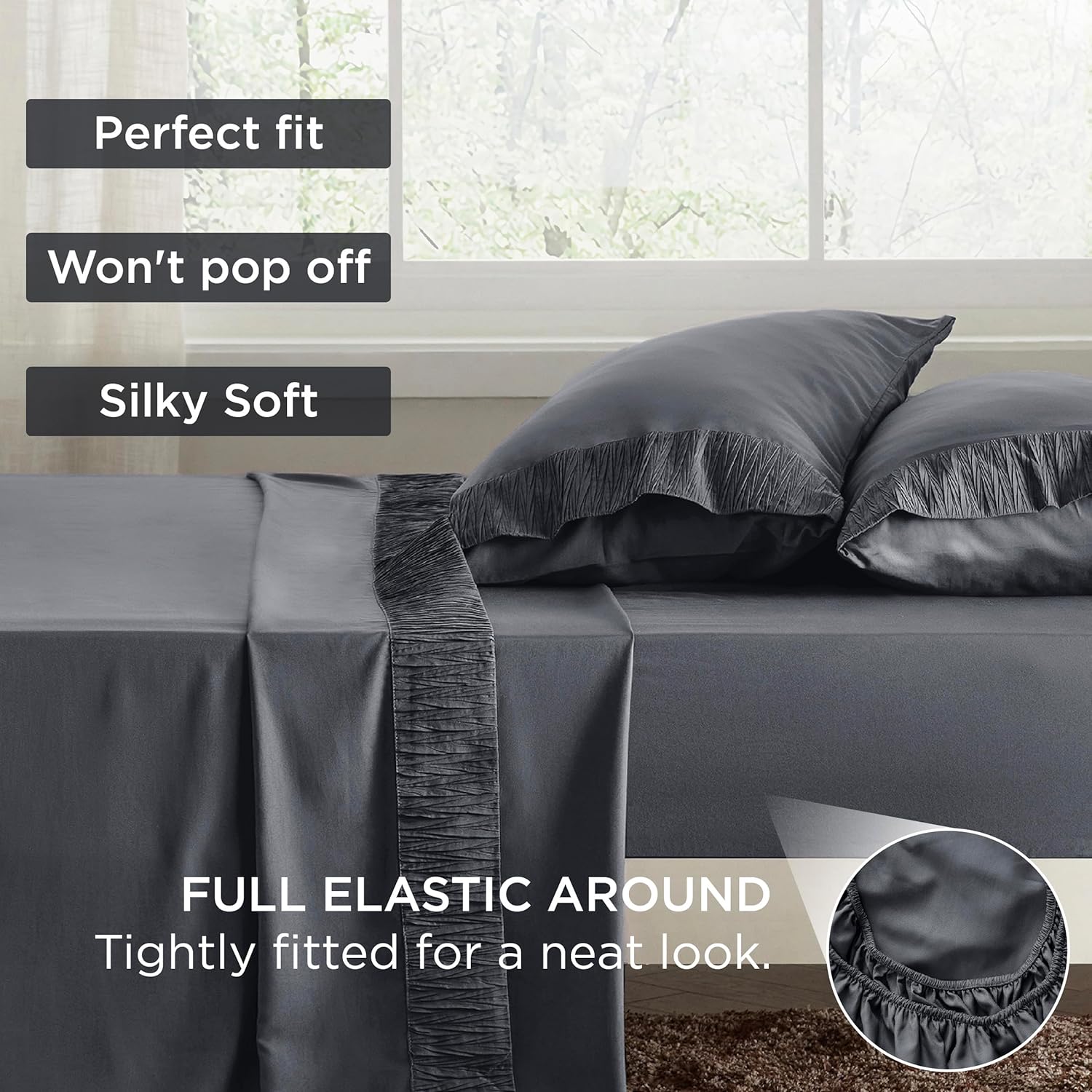 Queen Sheets Grey - Soft Sheets for Queen Size Bed, 4 Pieces Hotel Luxury Queen Sheet Set, Easy Care Polyester Microfiber Cooling Bed Sheet Set