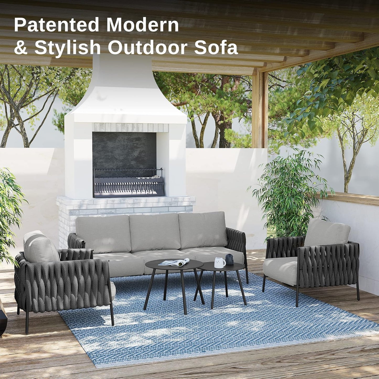 Life Chatter Patio Furniture Set 5 Pieces, Outdoor Furniture 5-Seat Sofa with Two round Coffee Table, Waterproof Thick Cushion Deep Seating for Porch, Balcony, Earth Black & Misty Grey