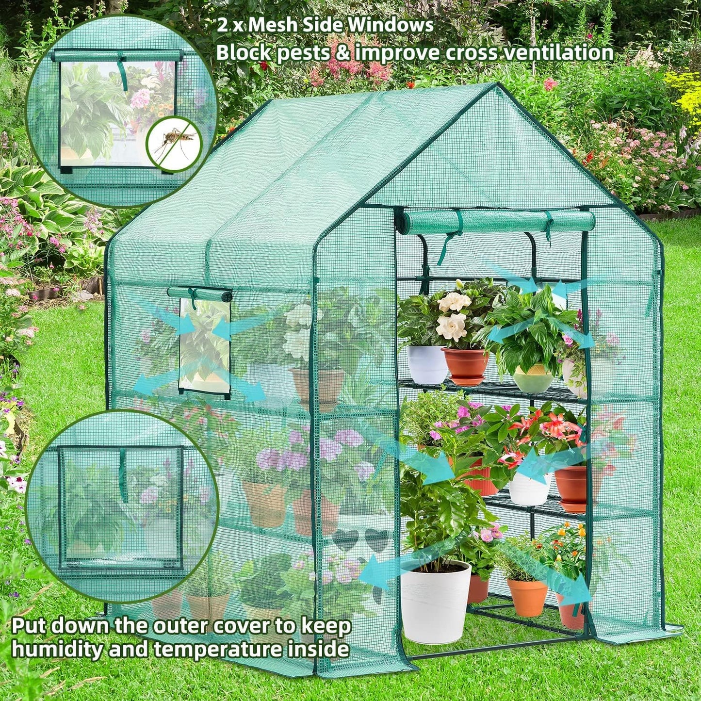 Greenhouse for Outdoors with Screen Windows, 57 X 57 X 76'' Walk in Plant Greenhouses Heavy Duty with Durable PE Cover, 3 Tiers 12 Shelves Stands Plastic Portable Green House with Shelf Clips