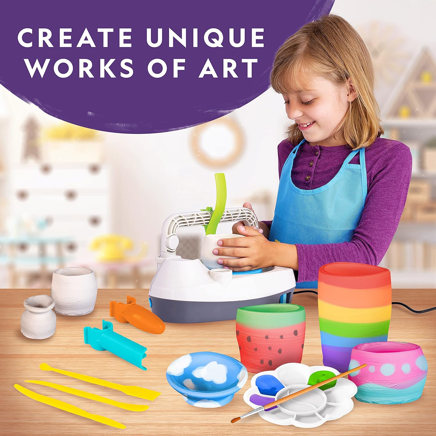 NATIONAL GEOGRAPHIC Pottery Wheel for Kids – Complete Pottery Kit for Beginners, Plug-In Motor, 2 Lbs. Air Dry Clay, Sculpting Clay Tools, Apron & More, Patented Design, Craft Kit (Amazon Exclusive)